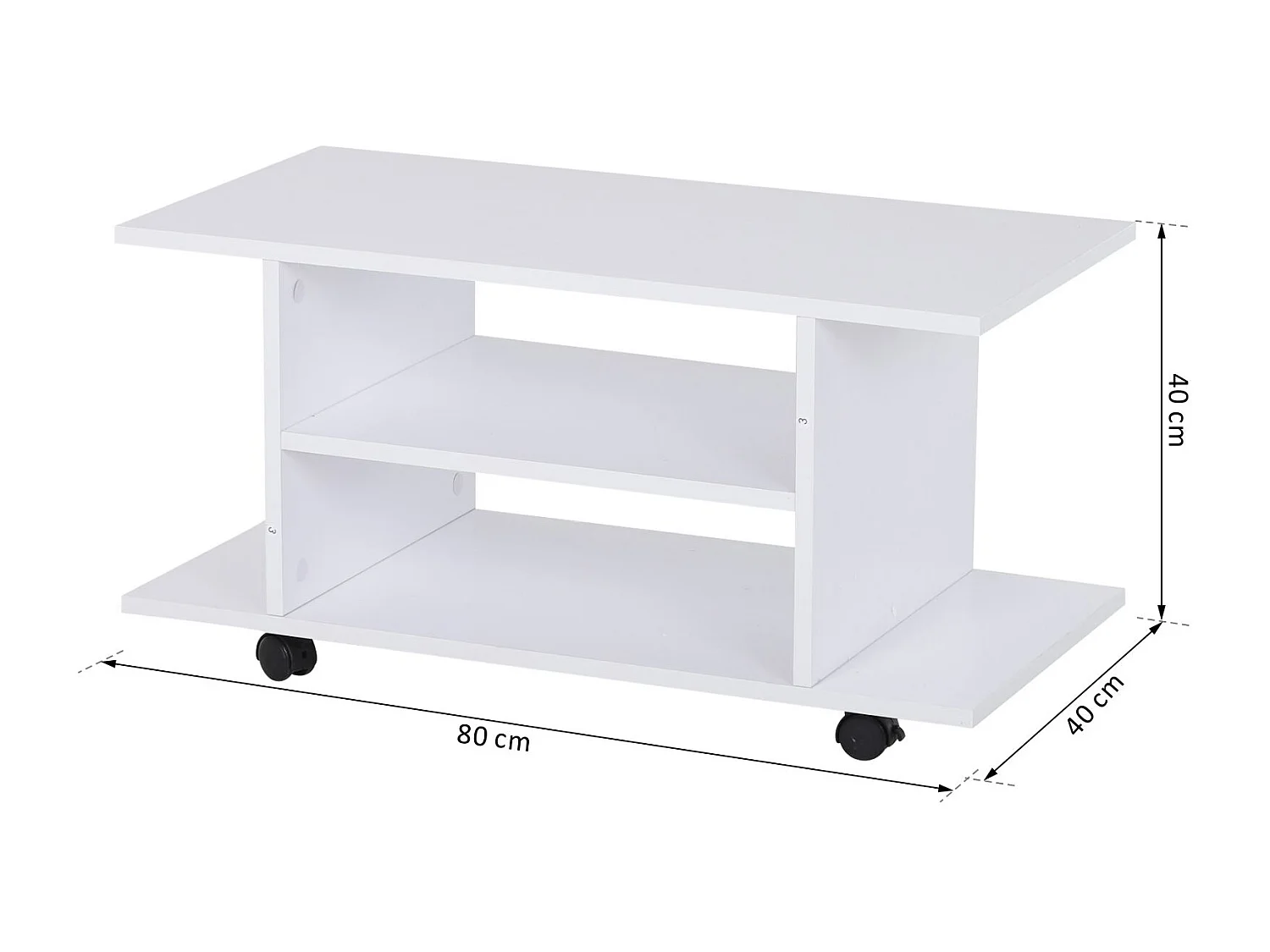 Meuble TV bas à roulettes avec étagère panneaux de particules blanc