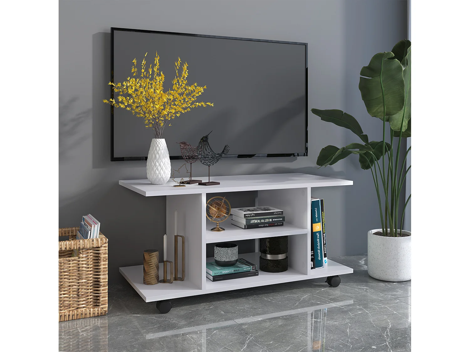 Meuble TV bas à roulettes avec étagère panneaux de particules blanc