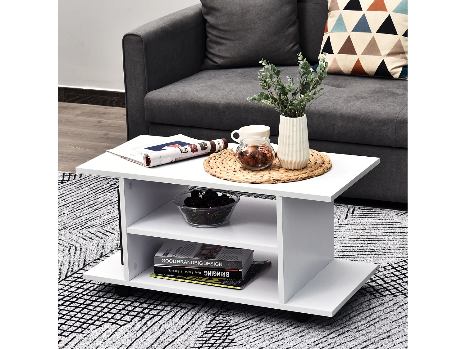 Meuble TV bas à roulettes avec étagère panneaux de particules blanc