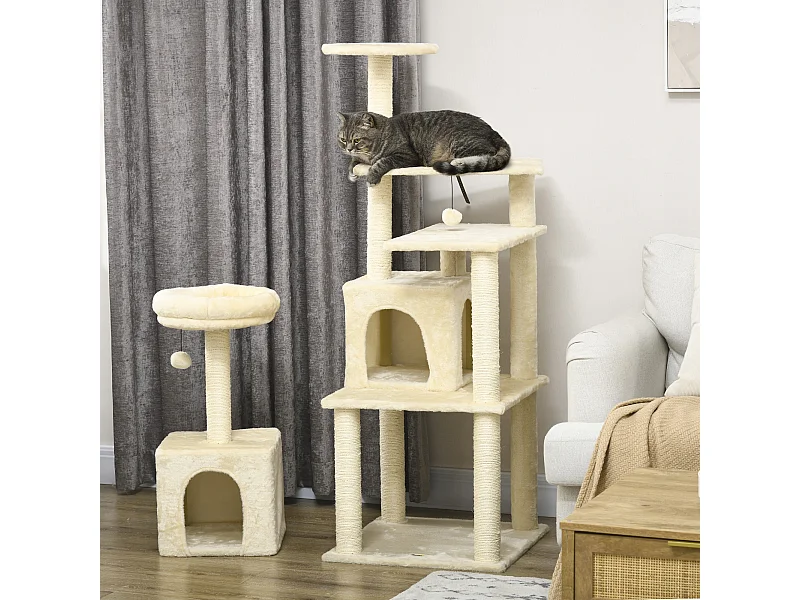 Arbre à chat modulable - griffoirs, 2 niches, 4 plateformes, 2 boules suspendues - peluche douce beige