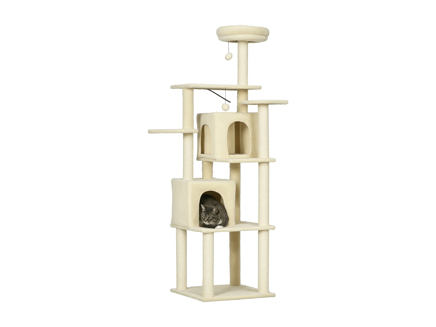 Arbre à chat modulable - griffoirs, 2 niches, 4 plateformes, 2 boules suspendues - peluche douce beige