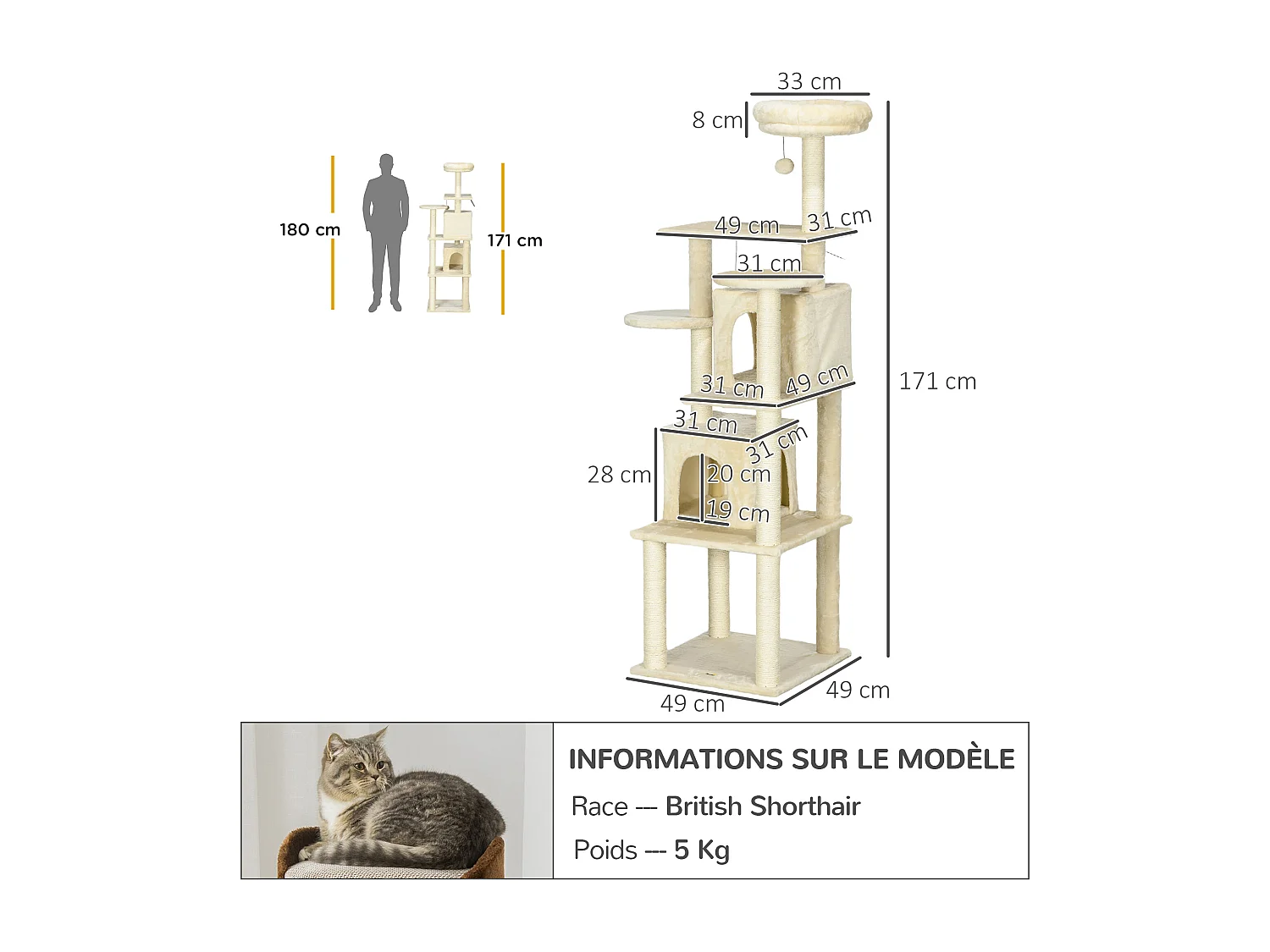 Arbre à chat modulable - griffoirs, 2 niches, 4 plateformes, 2 boules suspendues - peluche douce beige