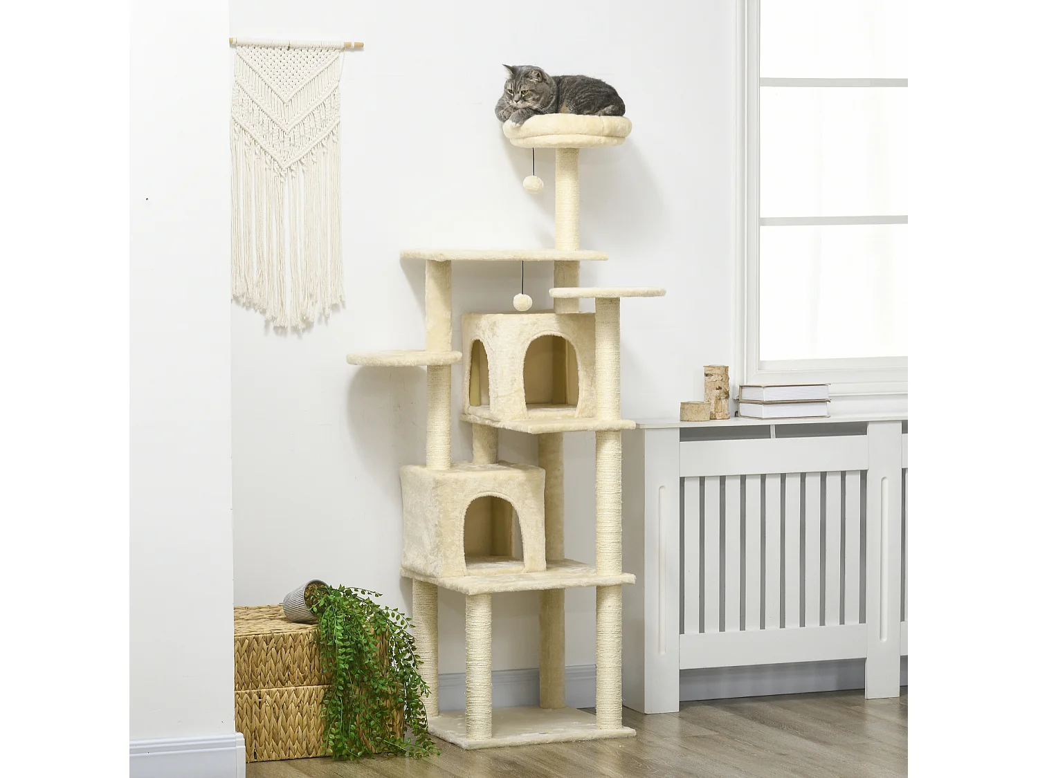 Arbre à chat modulable - griffoirs, 2 niches, 4 plateformes, 2 boules suspendues - peluche douce beige
