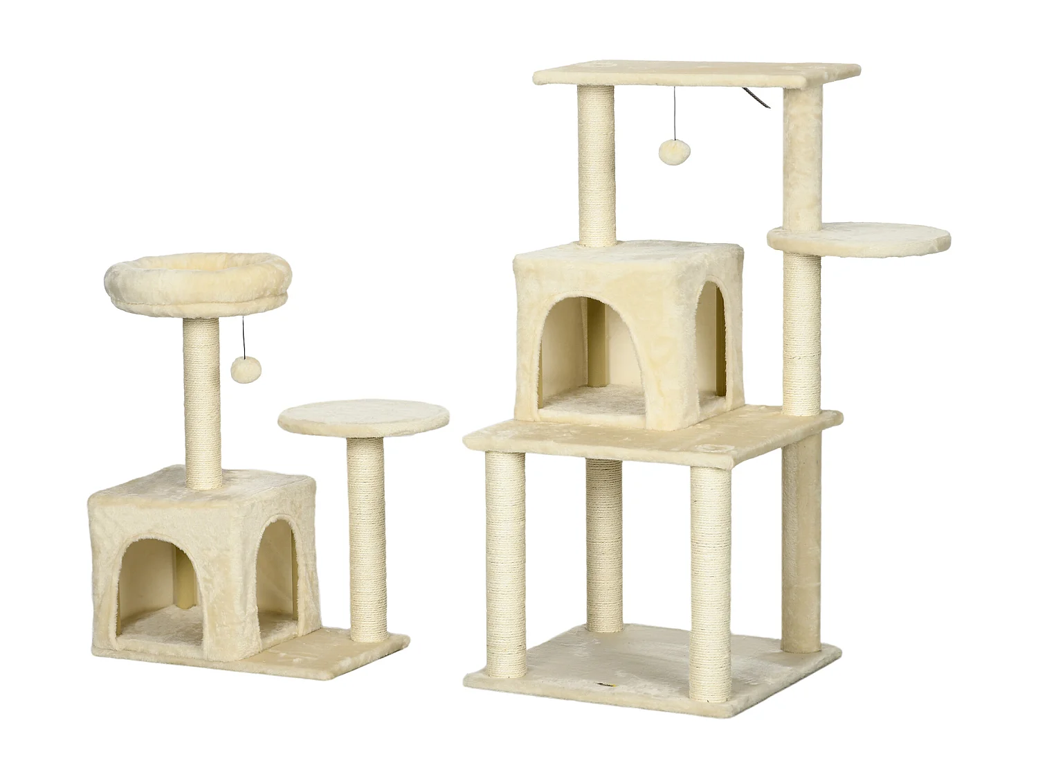 Arbre à chat modulable - griffoirs, 2 niches, 4 plateformes, 2 boules suspendues - peluche douce beige