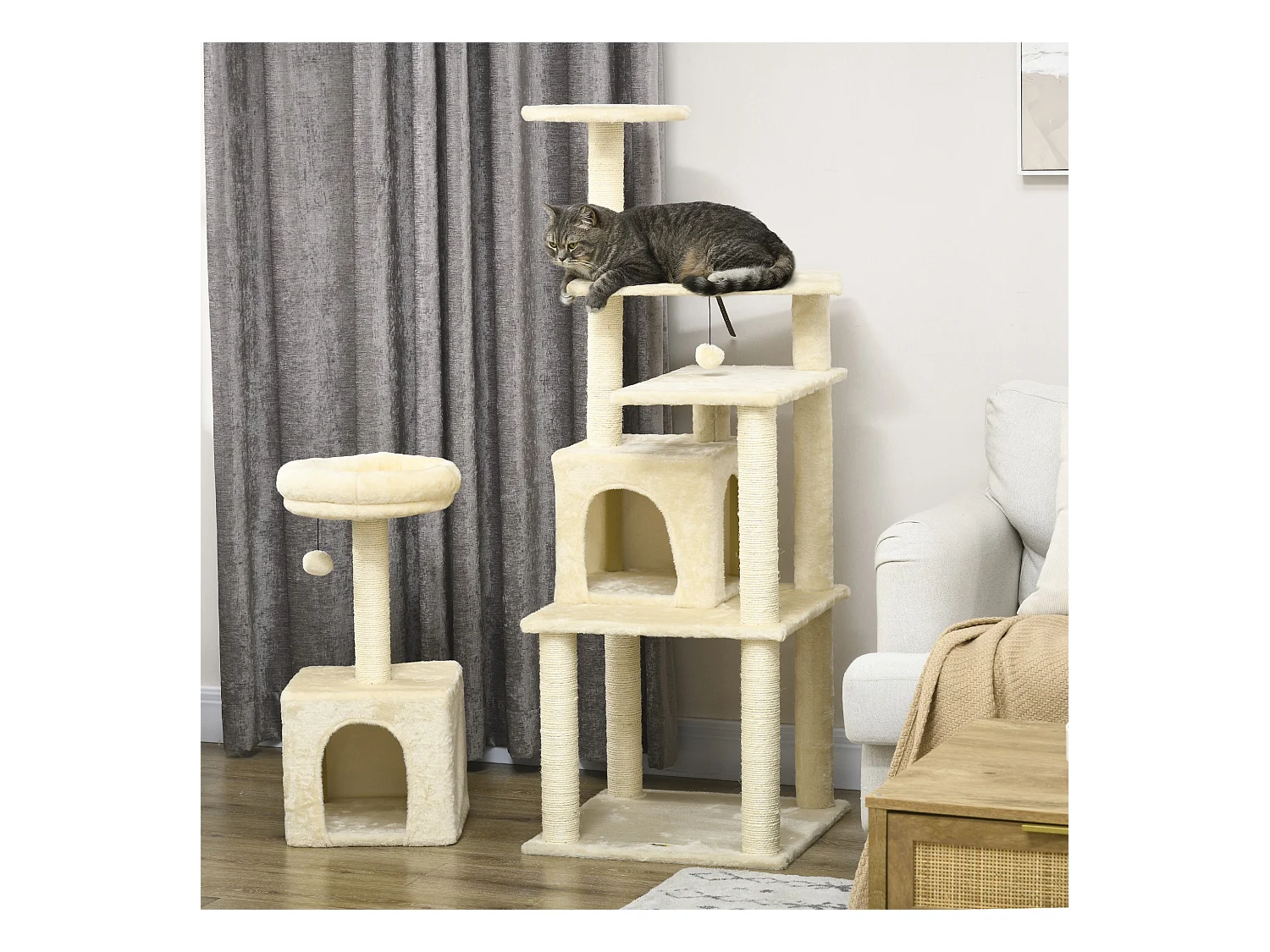 Arbre à chat modulable - griffoirs, 2 niches, 4 plateformes, 2 boules suspendues - peluche douce beige