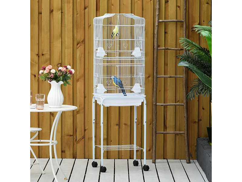 PawHut Cage à oiseaux sur pied volière oiseaux sur roulettes avec toit ouvrant 3 perchoirs étagère inférieure 46,5 x 36 x 157 cm