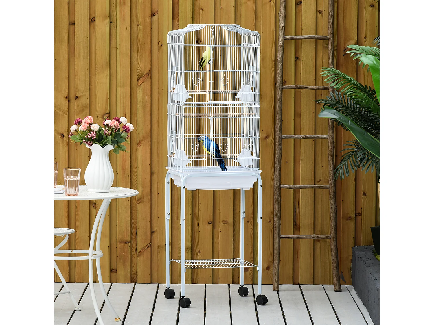 PawHut Cage à oiseaux sur pied volière oiseaux sur roulettes avec toit ouvrant 3 perchoirs étagère inférieure 46,5 x 36 x 157 cm