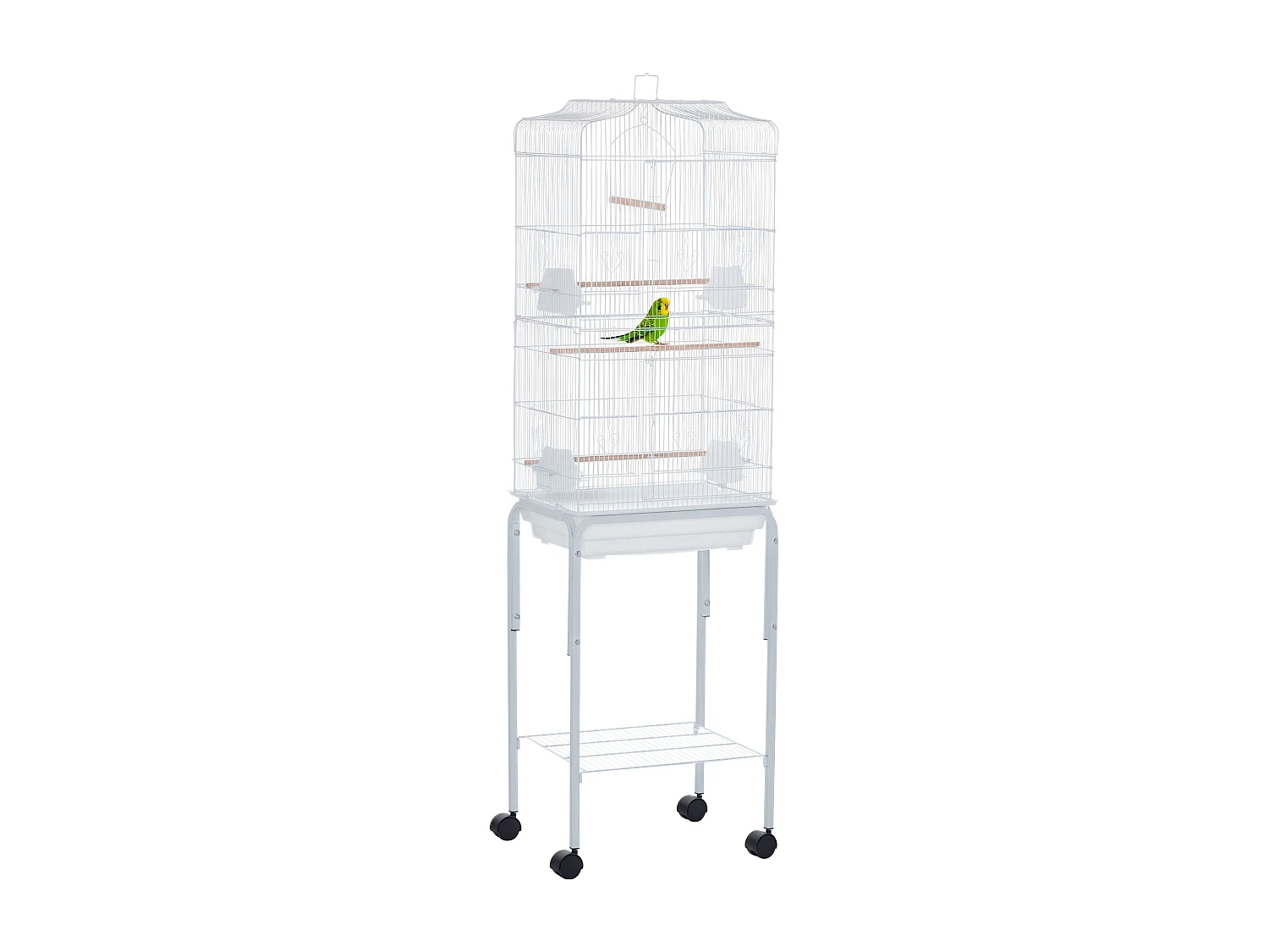 PawHut Cage à oiseaux sur pied volière oiseaux sur roulettes avec toit ouvrant 3 perchoirs étagère inférieure 46,5 x 36 x 157 cm