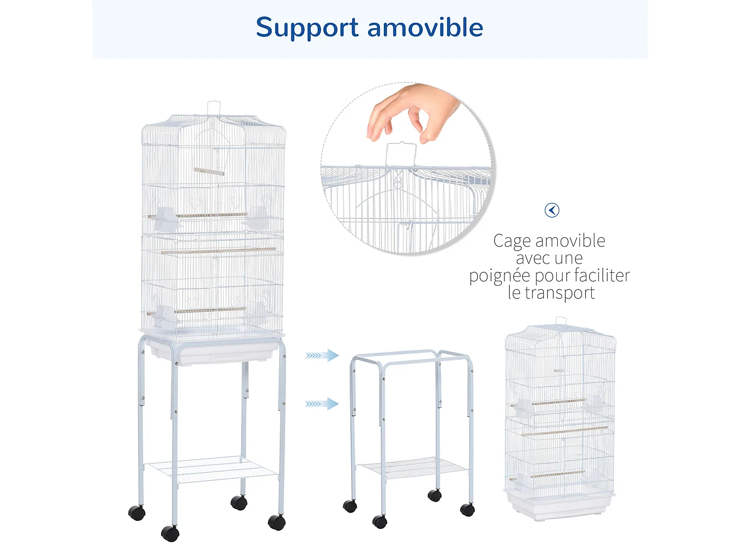 PawHut Cage à oiseaux sur pied volière oiseaux sur roulettes avec toit ouvrant 3 perchoirs étagère inférieure 46,5 x 36 x 157 cm