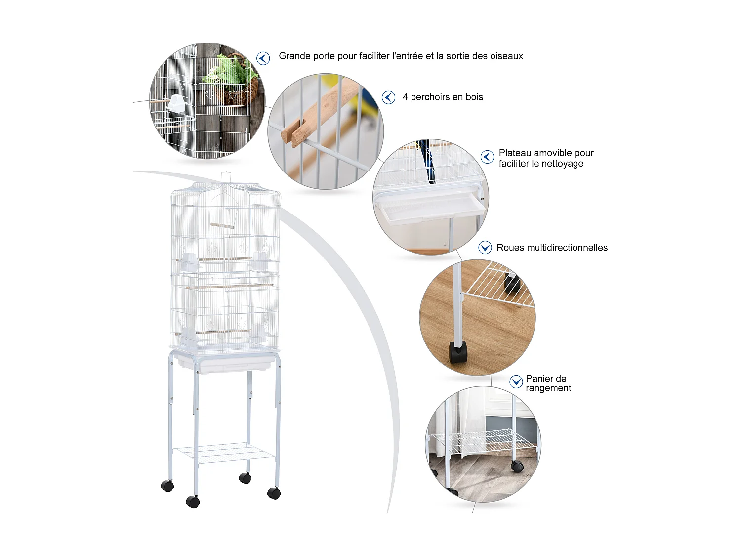 PawHut Cage à oiseaux sur pied volière oiseaux sur roulettes avec toit ouvrant 3 perchoirs étagère inférieure 46,5 x 36 x 157 cm