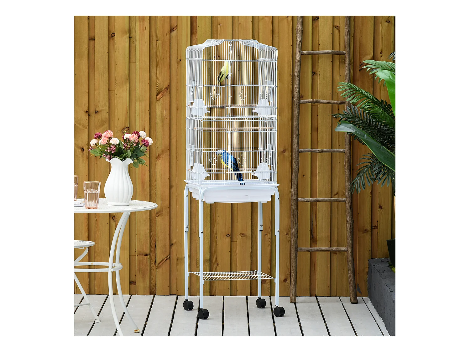 PawHut Cage à oiseaux sur pied volière oiseaux sur roulettes avec toit ouvrant 3 perchoirs étagère inférieure 46,5 x 36 x 157 cm
