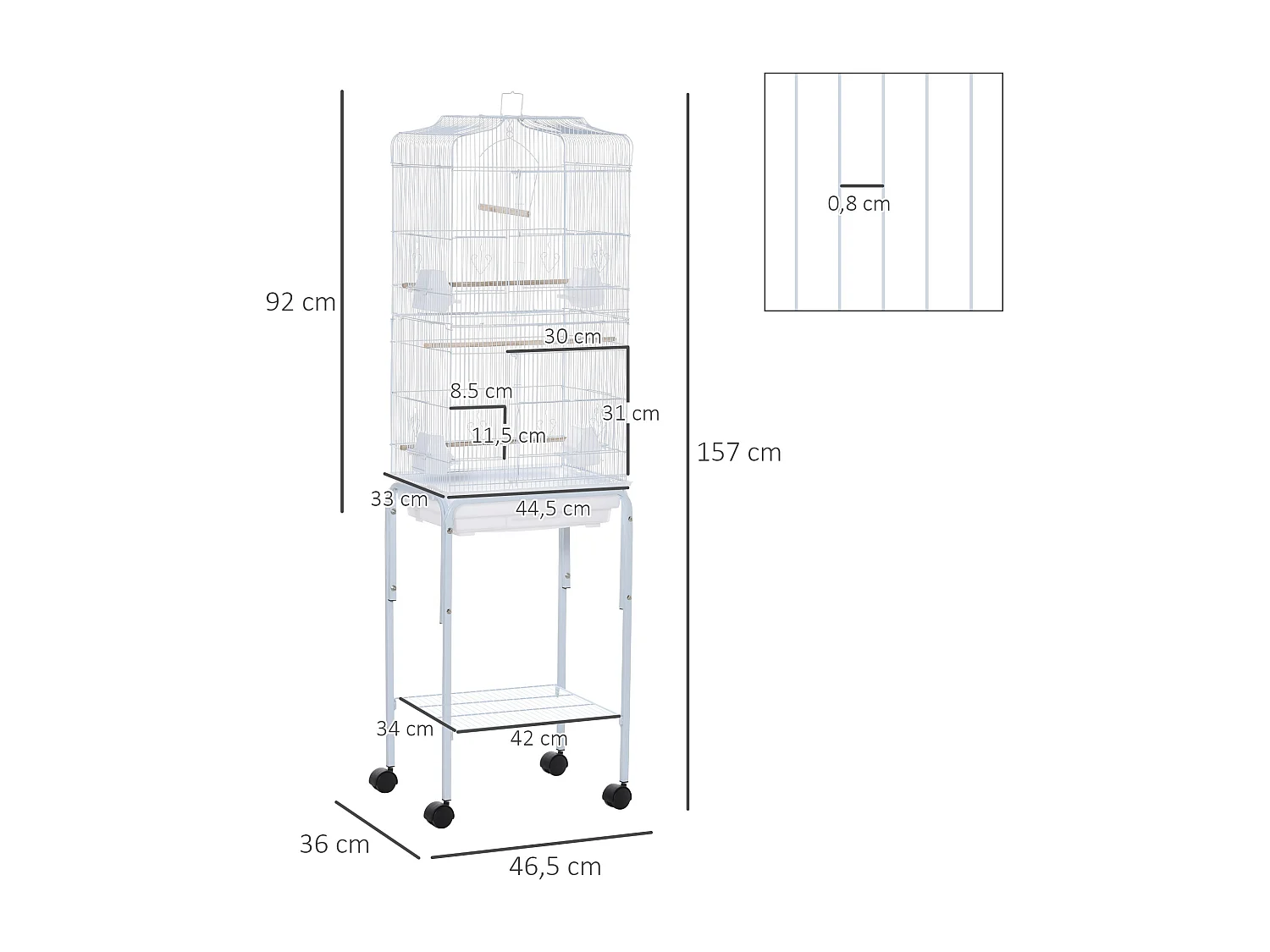 PawHut Cage à oiseaux sur pied volière oiseaux sur roulettes avec toit ouvrant 3 perchoirs étagère inférieure 46,5 x 36 x 157 cm