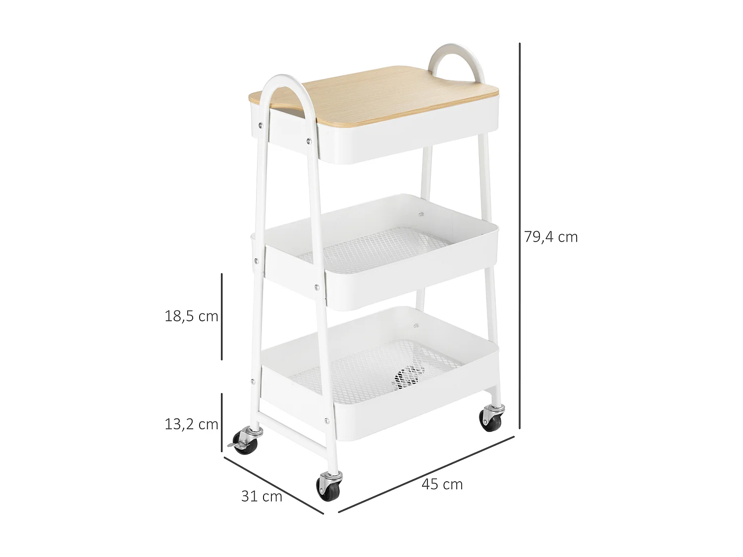 Desserte de cuisine chariot de service design industriel 3 étagères plateau amovible aspect bois clair acier blanc