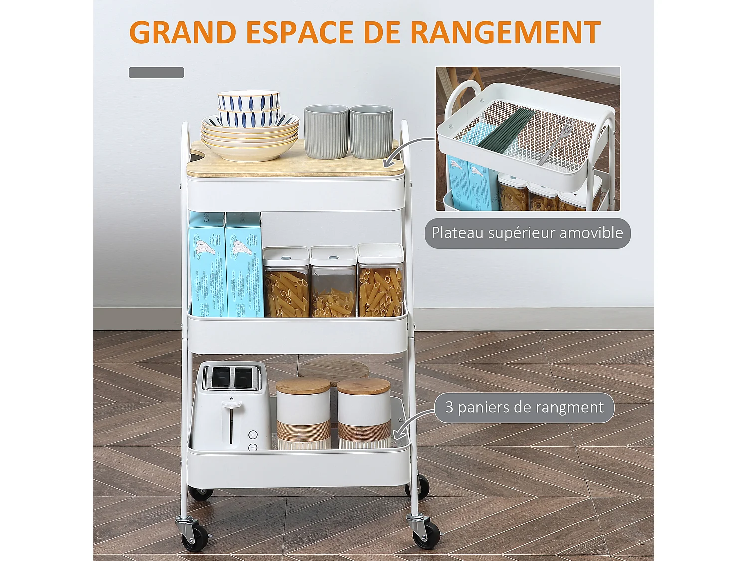 Desserte de cuisine chariot de service design industriel 3 étagères plateau amovible aspect bois clair acier blanc