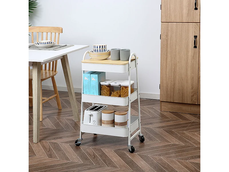 Desserte de cuisine chariot de service design industriel 3 étagères plateau amovible aspect bois clair acier blanc