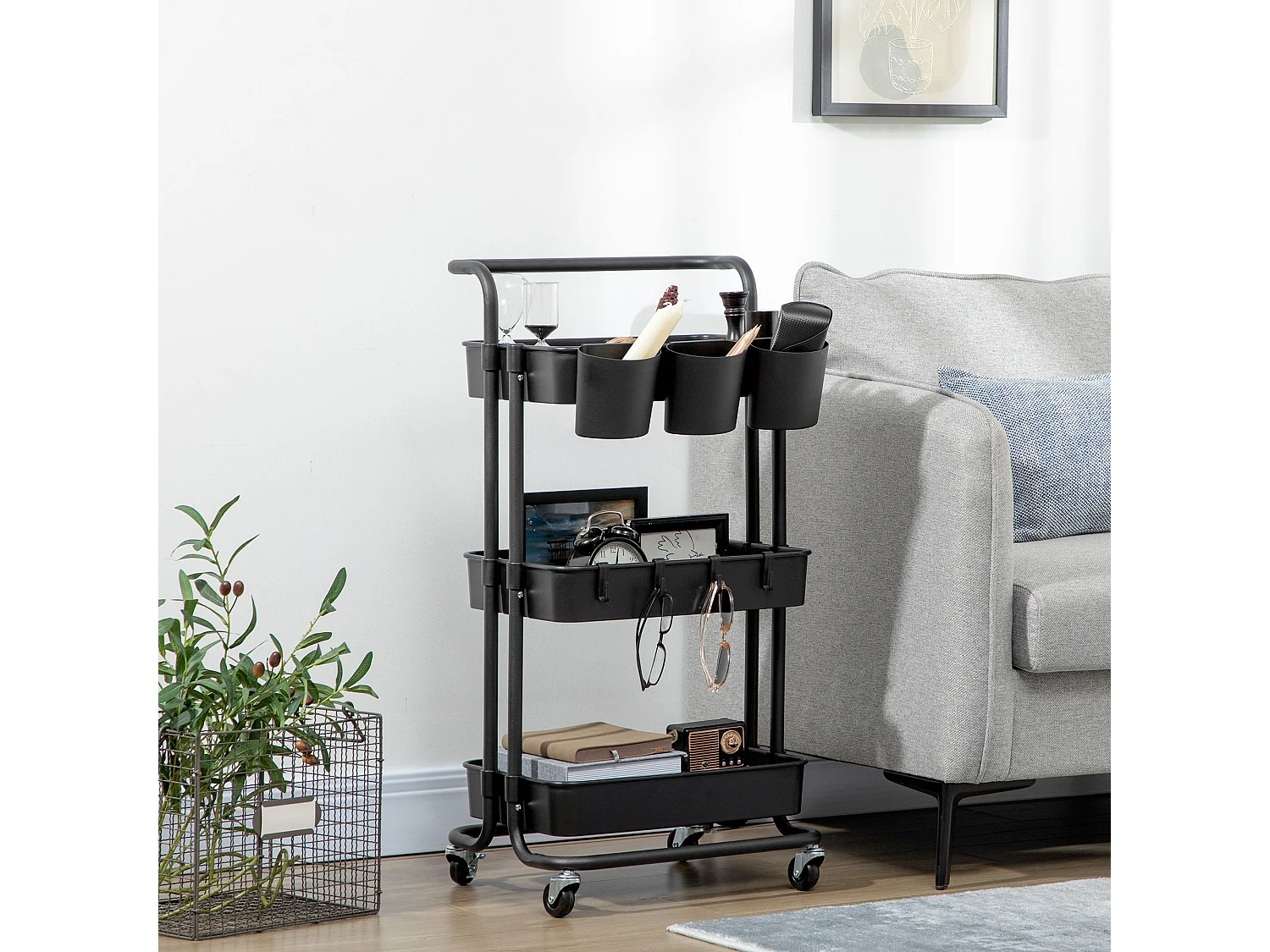 Desserte de cuisine - 3 étagères avec rebords - 4 crochets, 3 pots suspendus - acier ABS noir