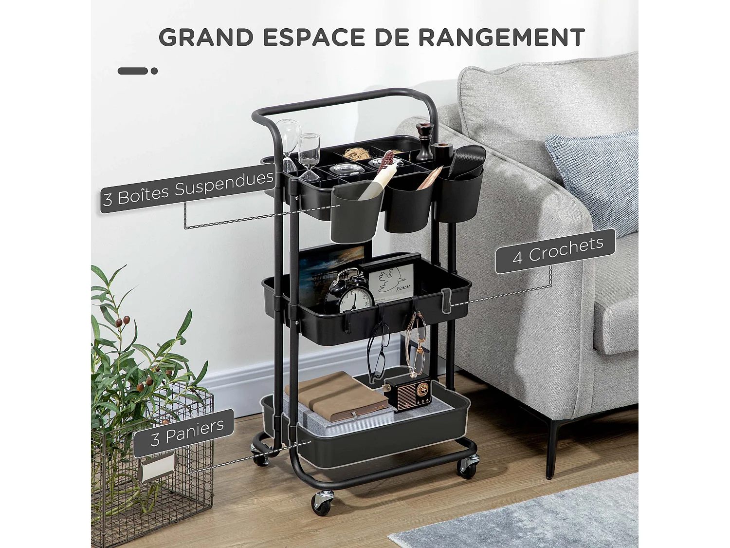 Desserte de cuisine - 3 étagères avec rebords - 4 crochets, 3 pots suspendus - acier ABS noir