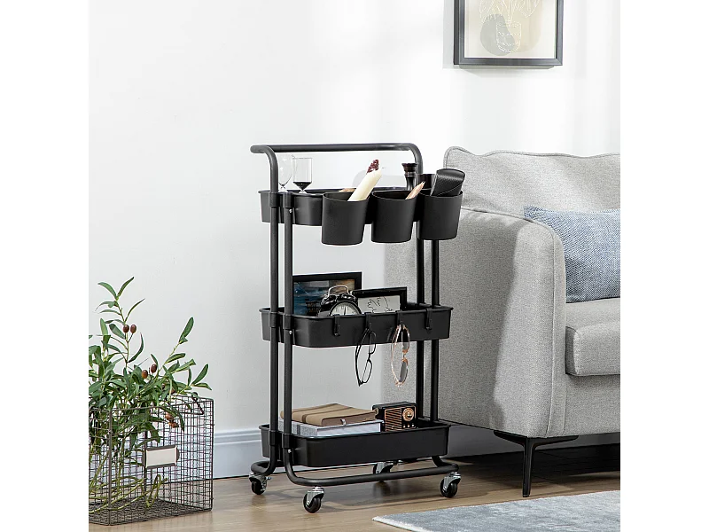 Desserte de cuisine - 3 étagères avec rebords - 4 crochets, 3 pots suspendus - acier ABS noir