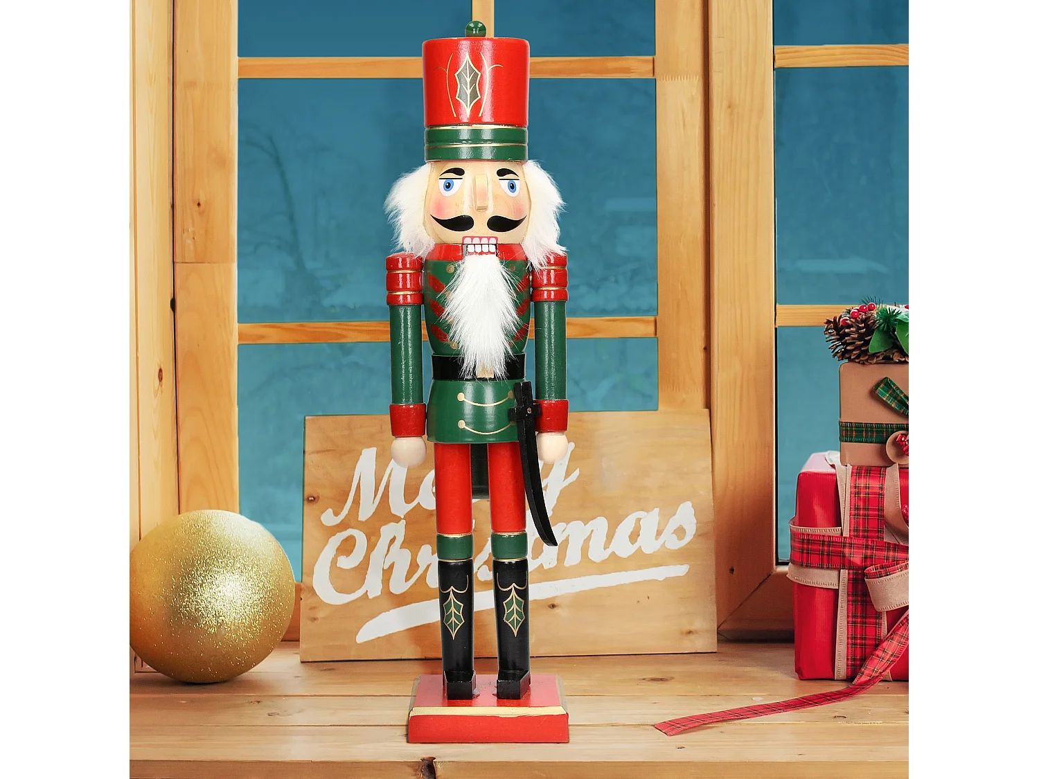 ECD Germany Soldat Casse-Noisette 25 cm avec Chapeau Rouge et Sabre, en Bois, Unique