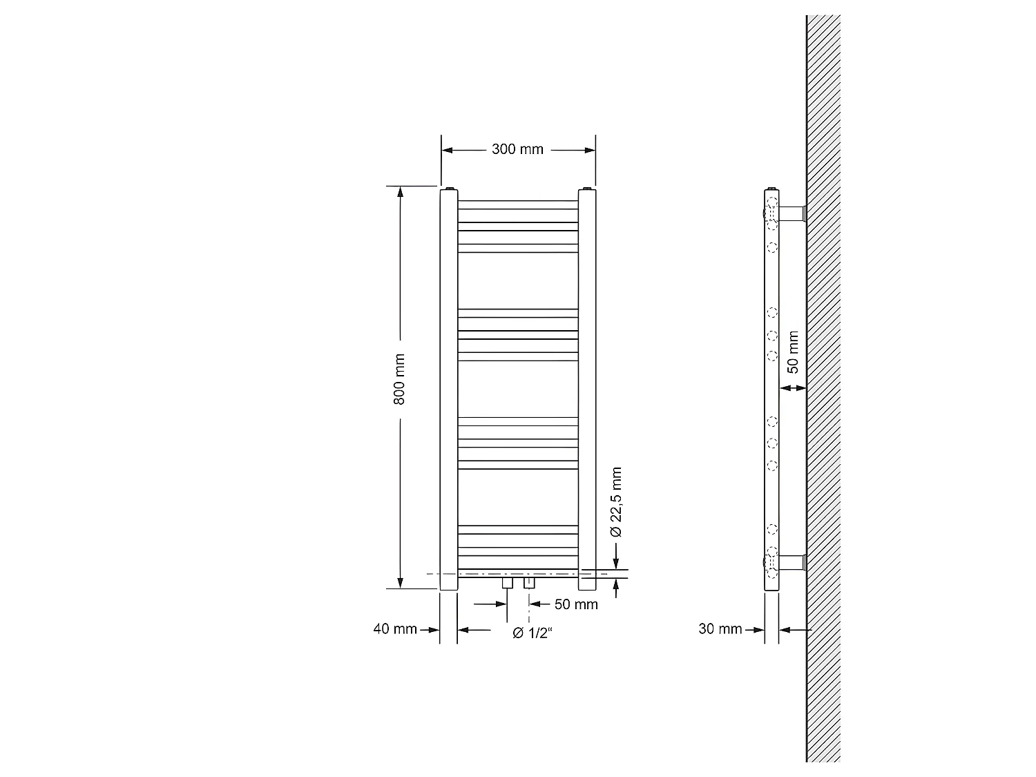 ECD Germany Radiateur de salle de bain raccord central 300 x 800 mm chromé droit avec thermostat et kit de raccordement forme universelle