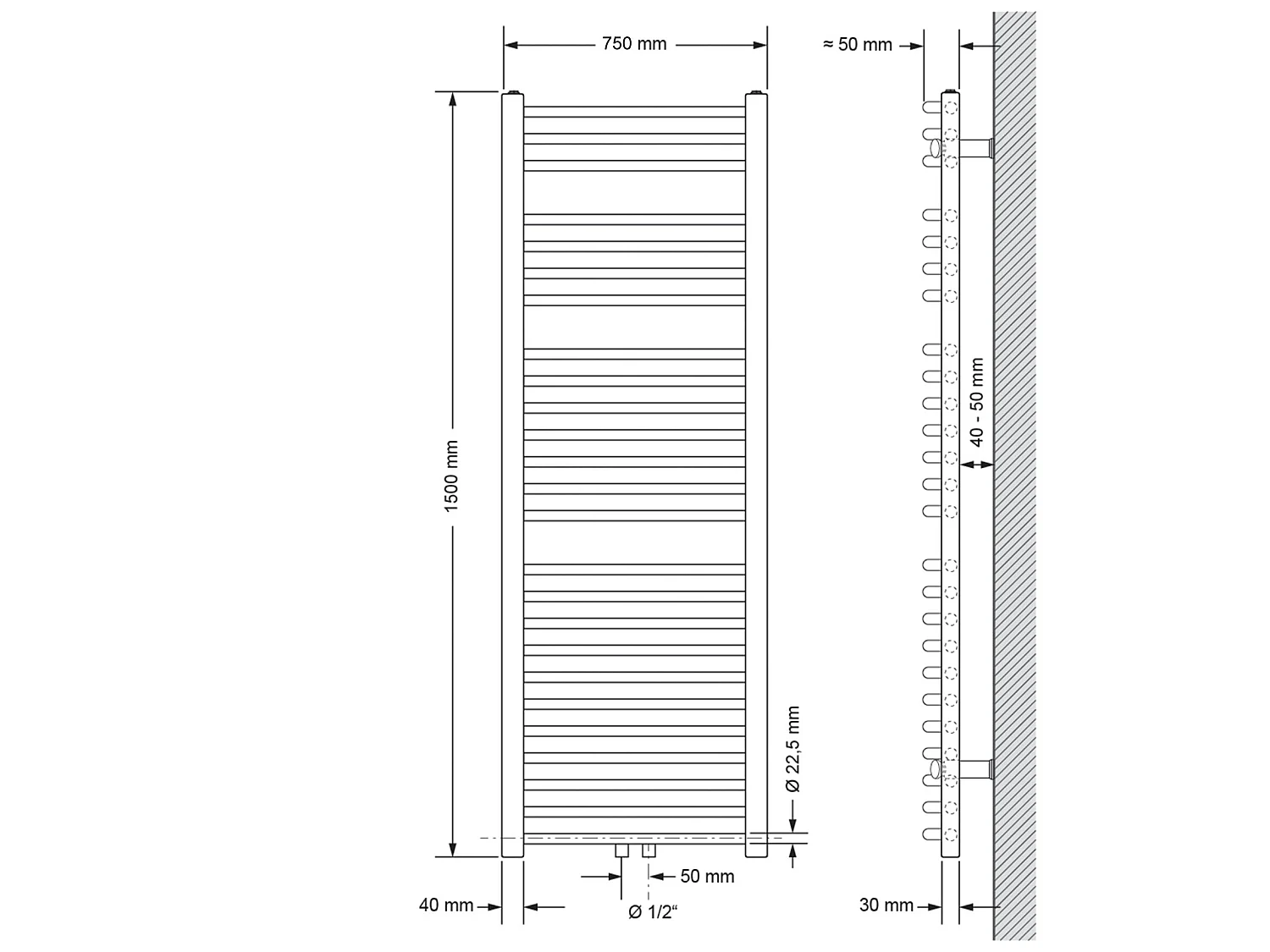 ECD Germany Radiateur de salle de bain raccordement central 750 x 1500 mm anthracite courbé avec thermostat et kit de raccordement