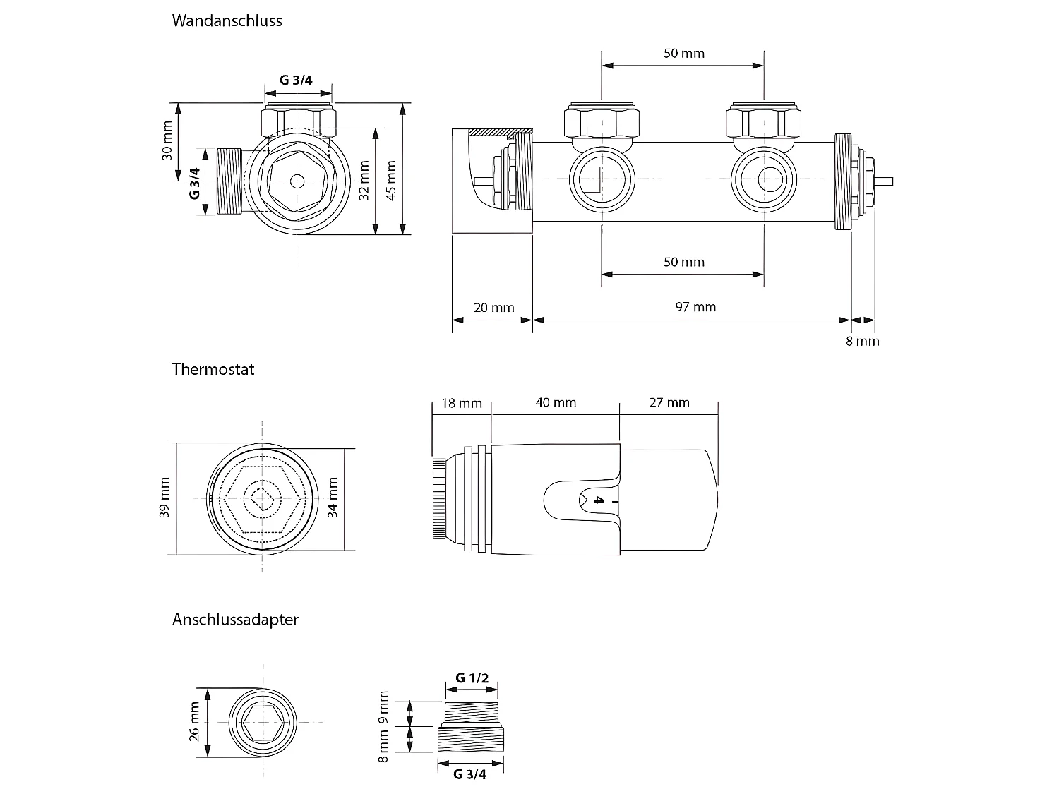 ECD Germany Radiateur de salle de bain à raccordement central 500 x 800 mm chromé courbé avec kit de raccordement comprenant thermostat mural d'angle chromé