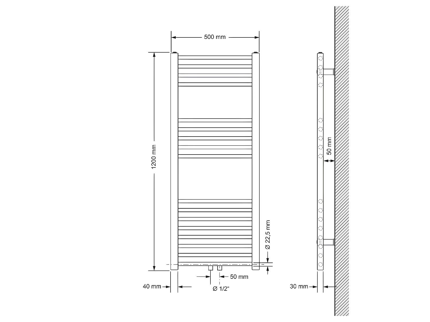 ECD Germany Radiateur de salle de bain raccord central 500 x 1200 mm chromé droit avec thermostat et kit de raccordement forme universelle