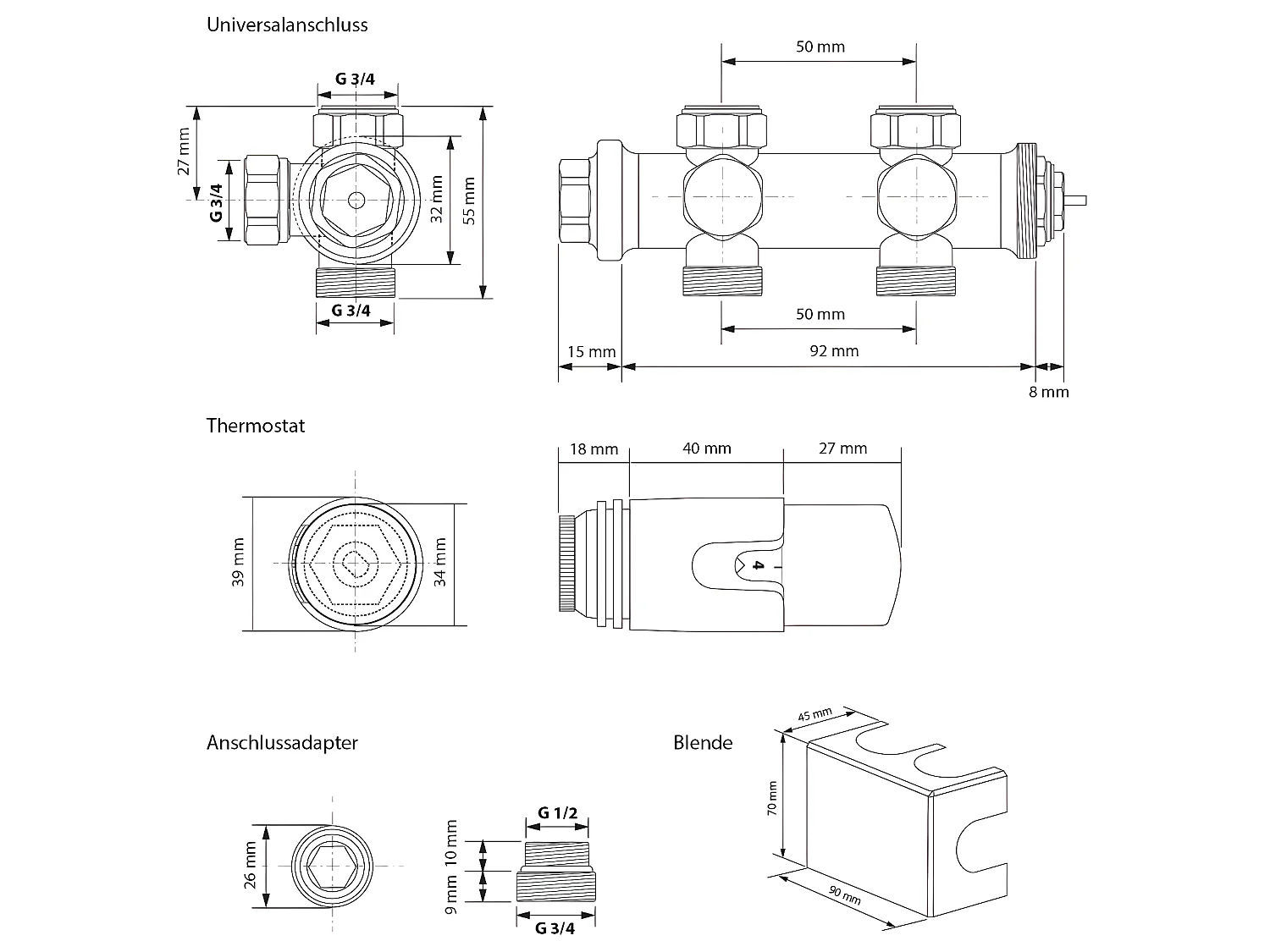 ECD Germany Radiateur de salle de bain à raccordement central 500 x 800 mm chromé courbé avec kit de raccordement comprenant un thermostat universel