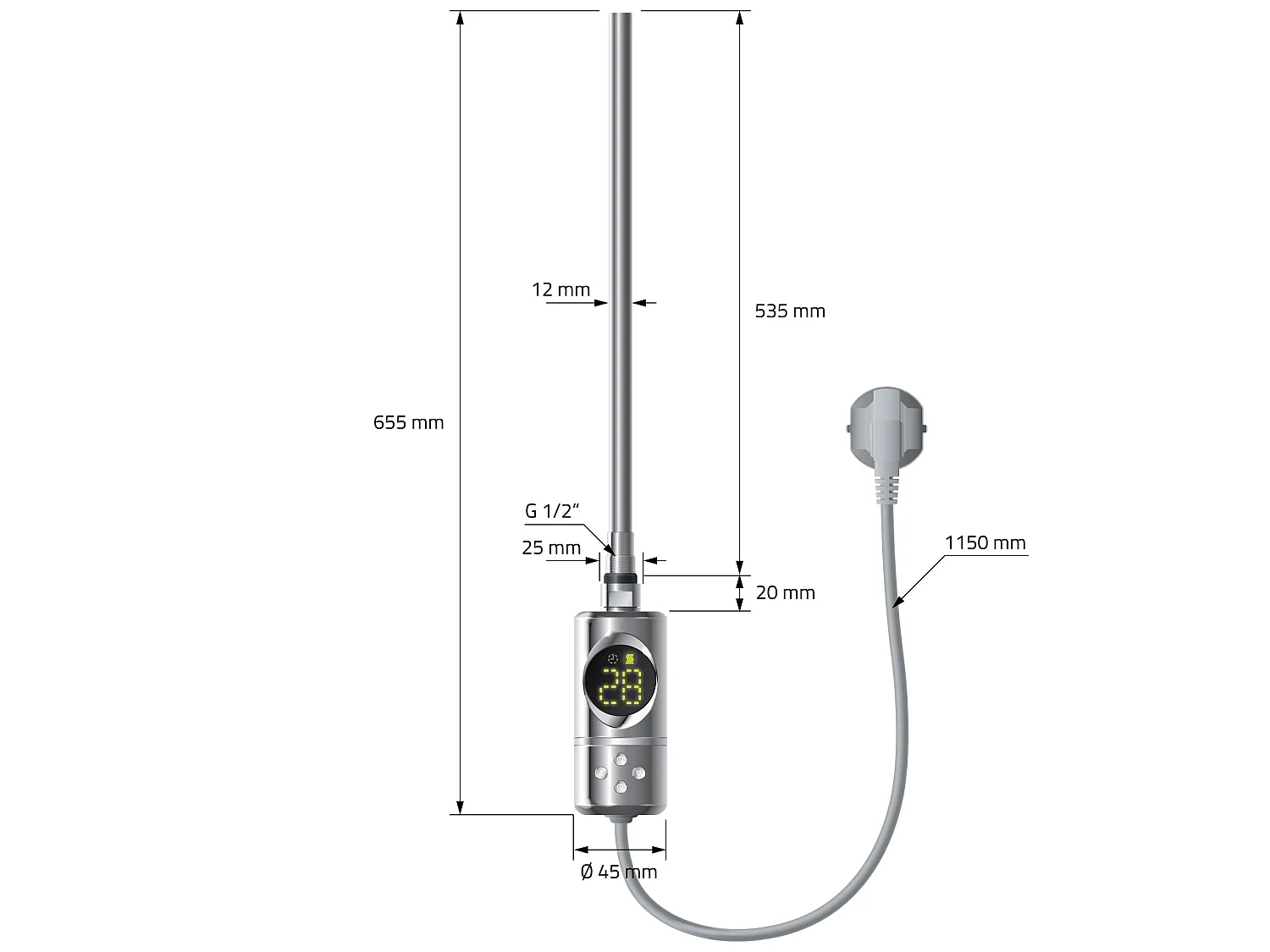 Radiateur électrique pour salle de bain Sahara 600x800 mm chromé raccord latéral courbé &amp; thermoplongeur 600W