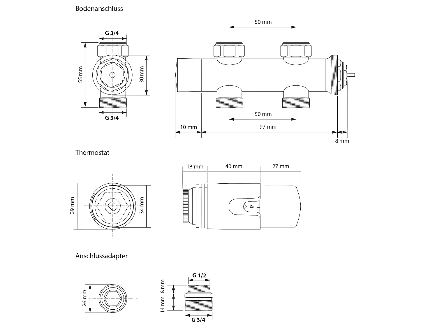ECD Germany Radiateur de salle de bain à raccordement central 500 x 800 mm courbé chromé avec kit de raccordement comprenant un passage de thermostat