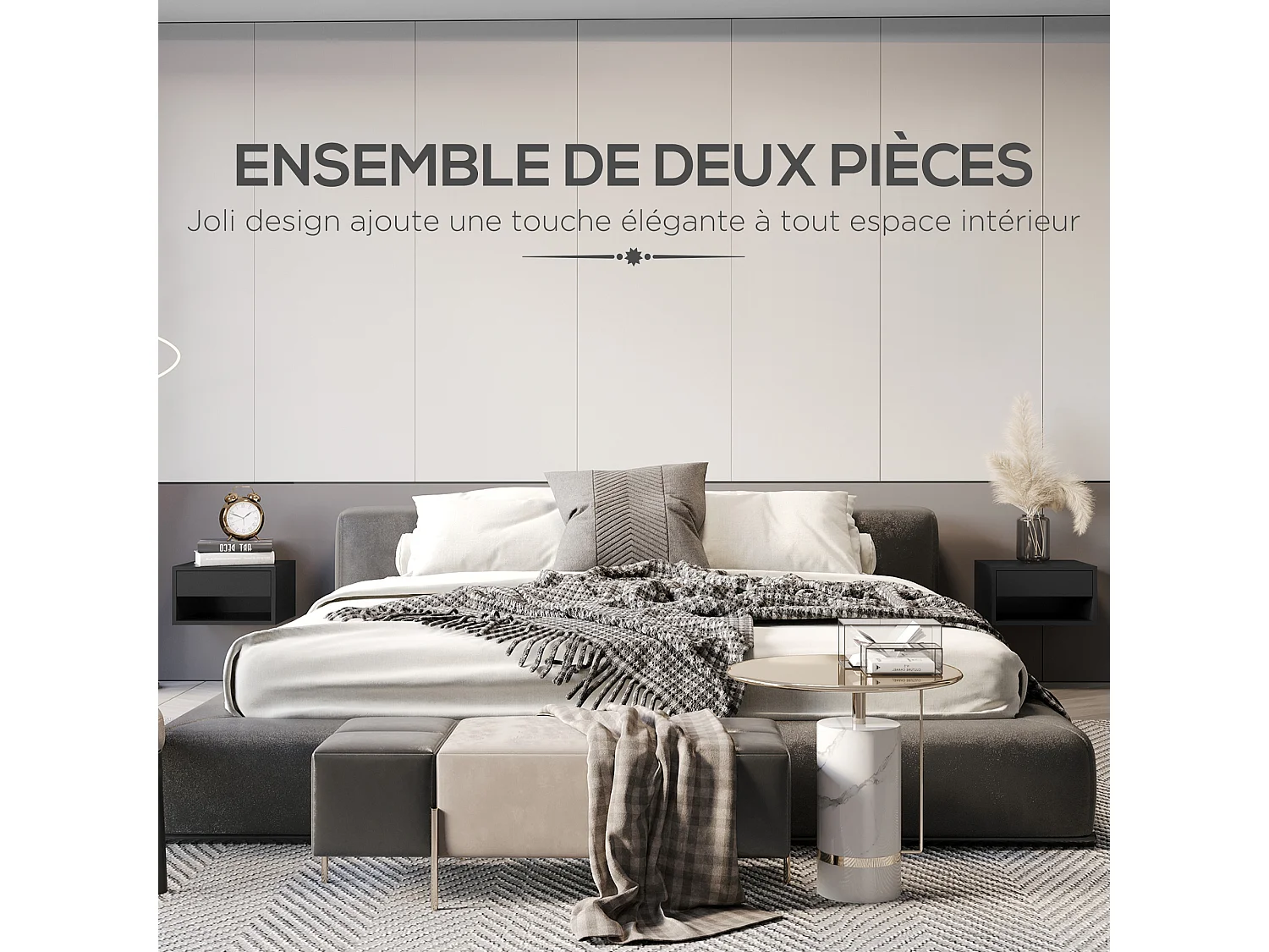 Lot de 2 chevets tables de nuit murales - tiroir coulissant, niche, plateau - dim. 37L x 32l x 21H cm - panneaux noir