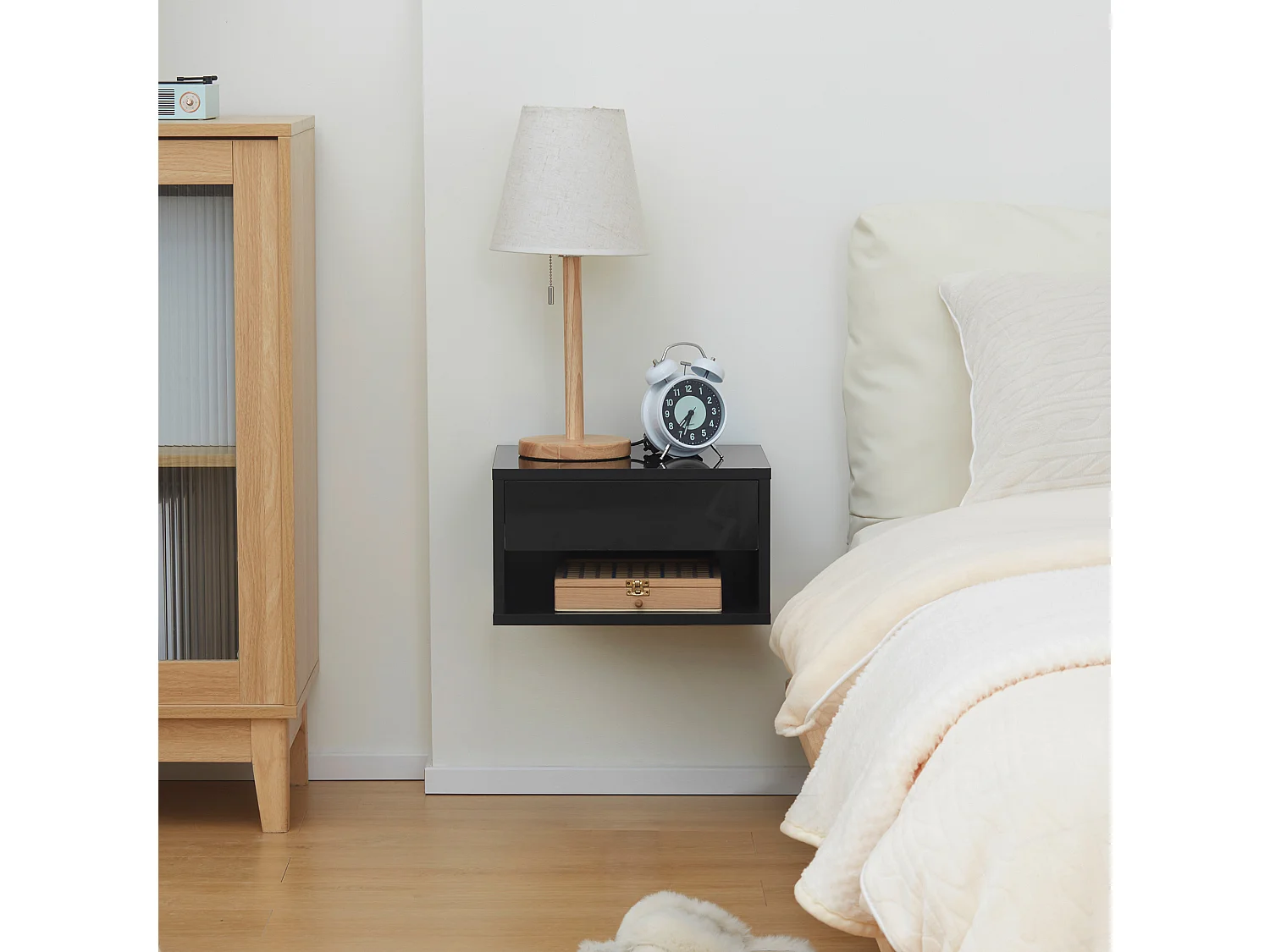 Lot de 2 chevets tables de nuit murales - tiroir coulissant, niche, plateau - dim. 37L x 32l x 21H cm - panneaux noir