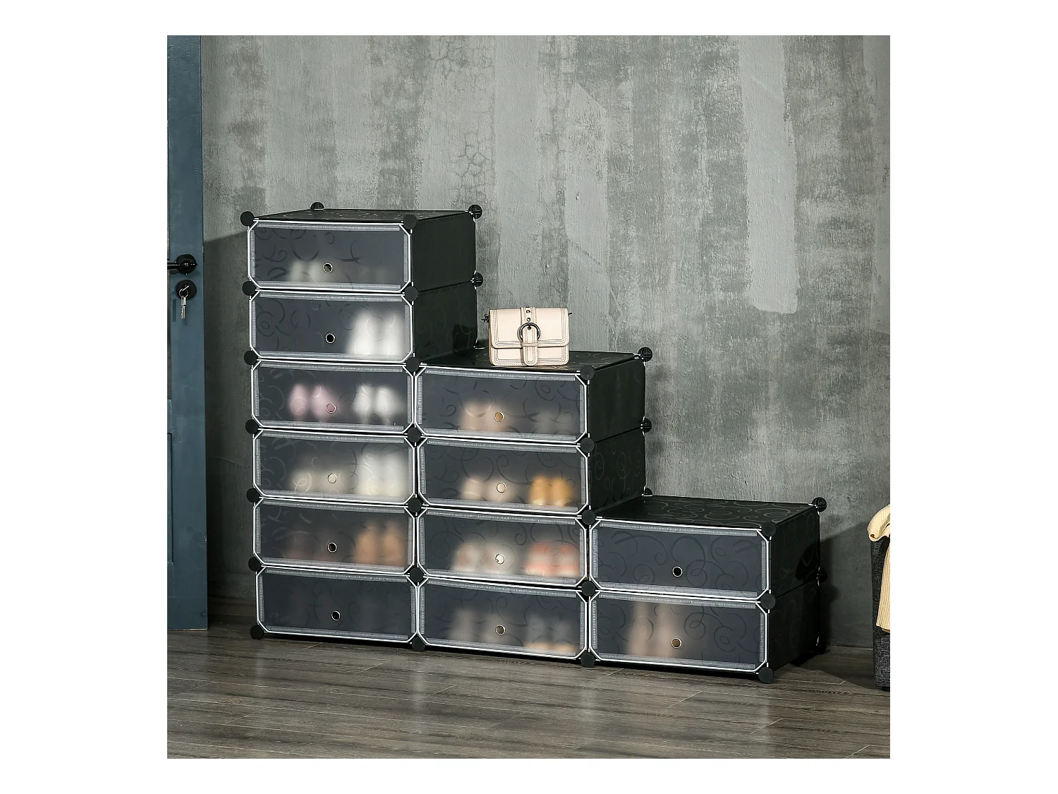 Meuble de rangement - meuble à chaussures modulable 12 casiers avec portes et étagères - dim. 94L x 37l x 108H cm - PP noir blanc