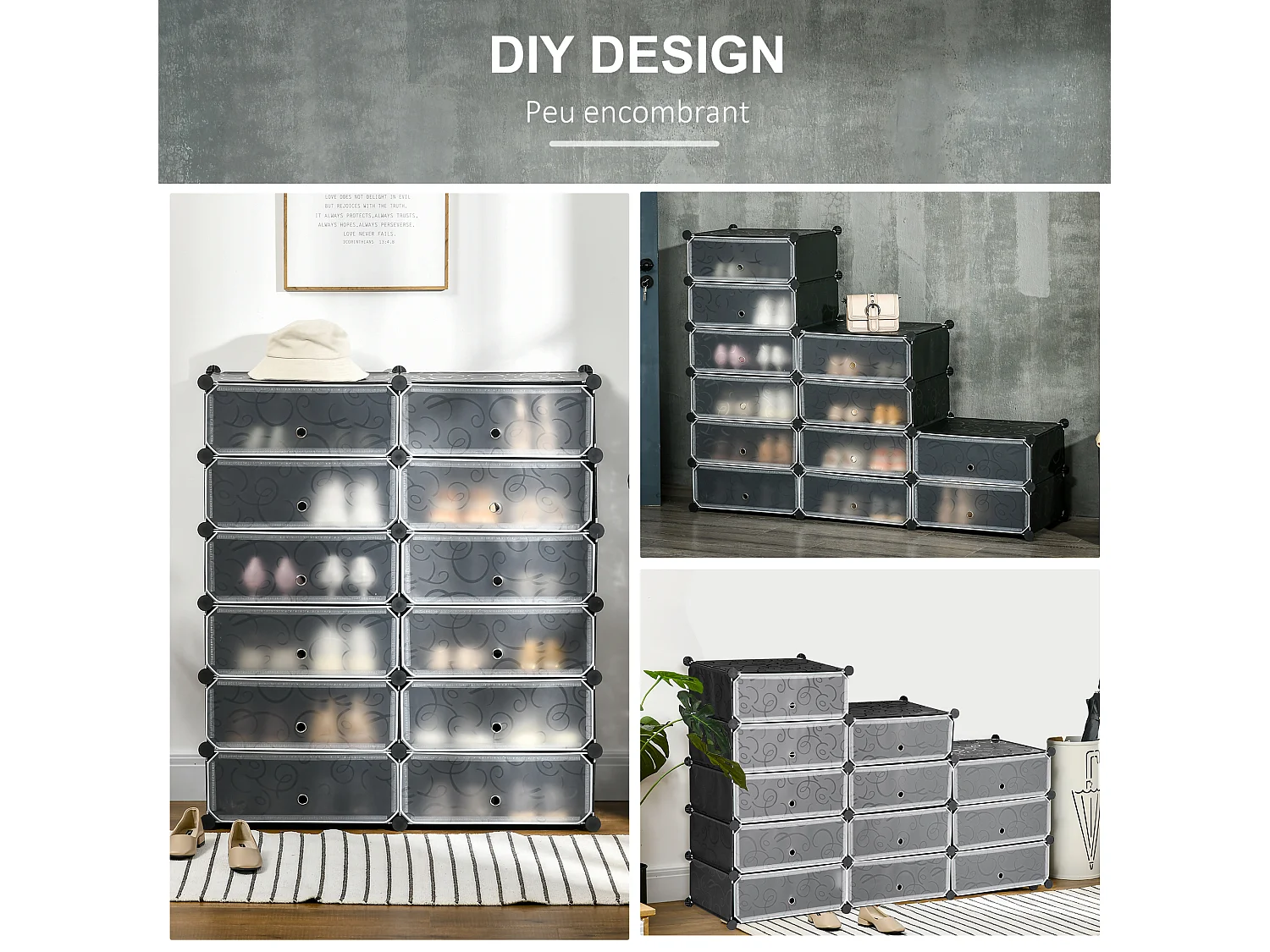 Meuble de rangement - meuble à chaussures modulable 12 casiers avec portes et étagères - dim. 94L x 37l x 108H cm - PP noir blanc