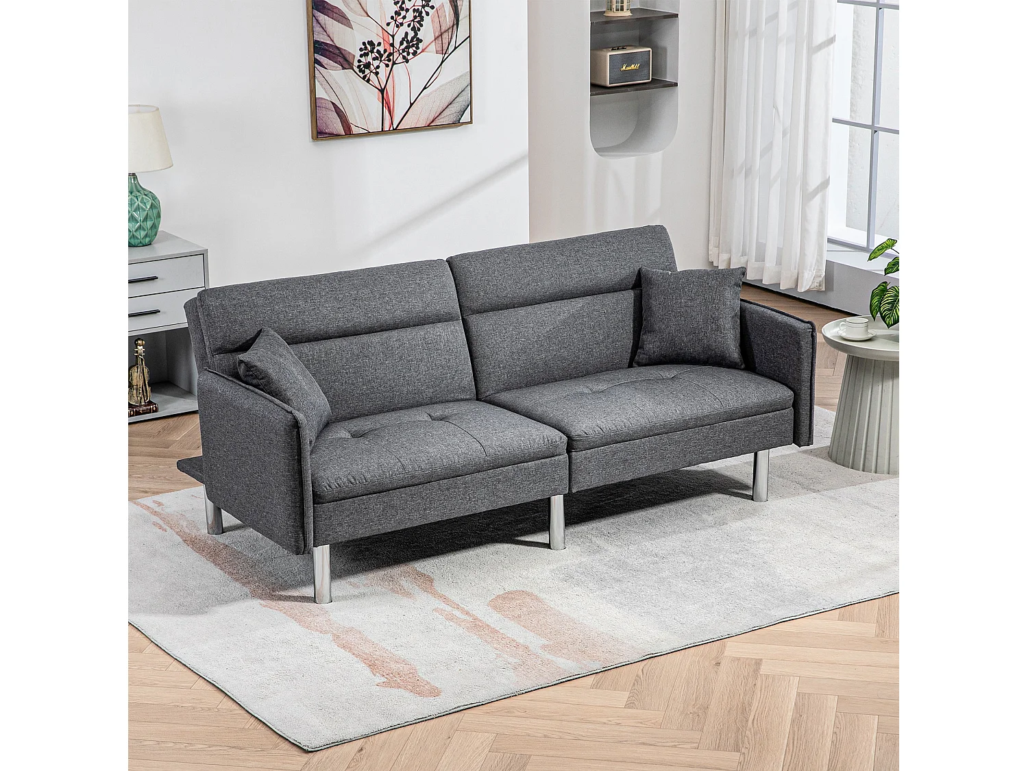 Canapé convertible 3 places design contemporain dossier inclinable piètement acier chromé tissu gris