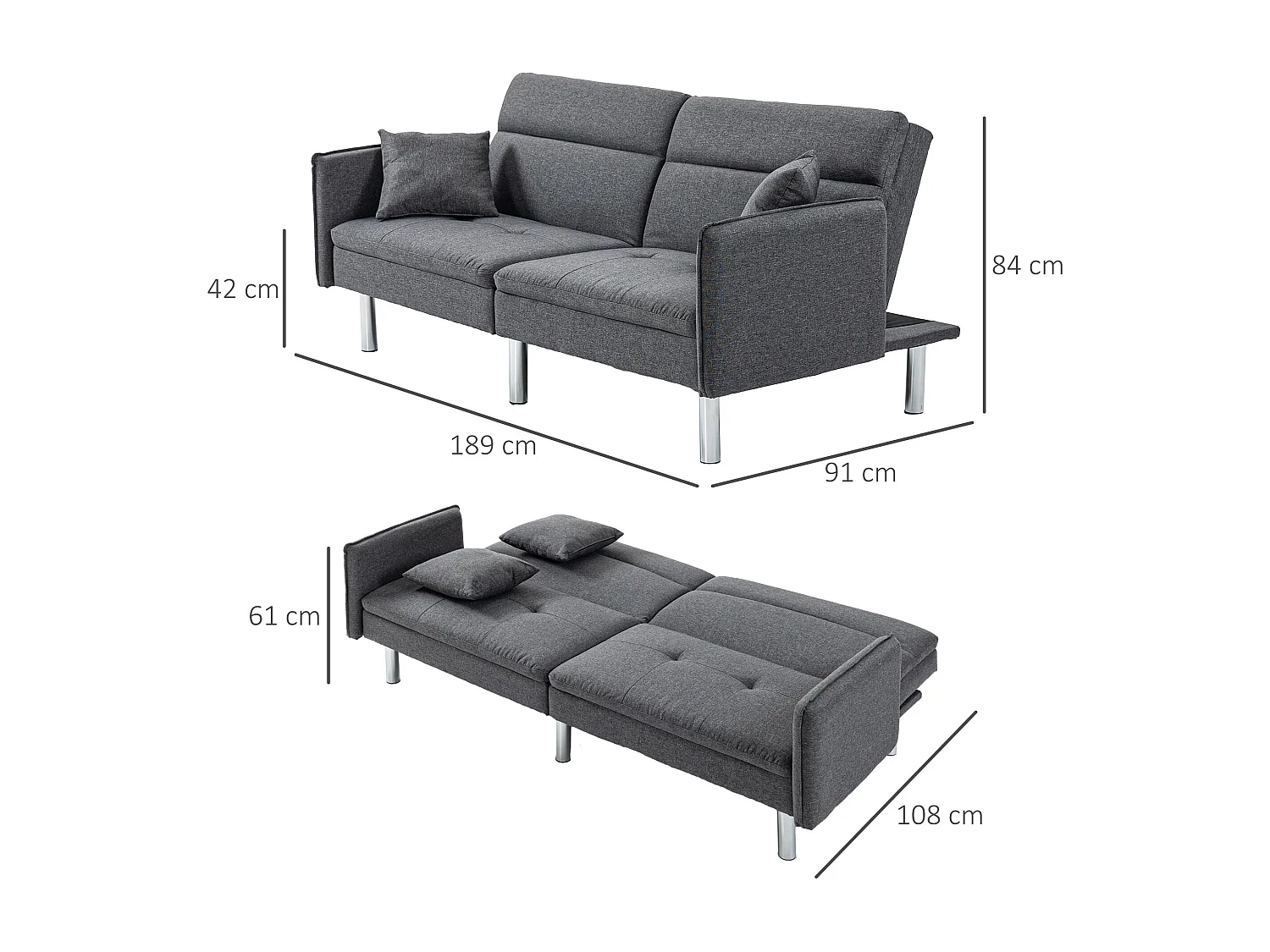 Canapé convertible 3 places design contemporain dossier inclinable piètement acier chromé tissu gris