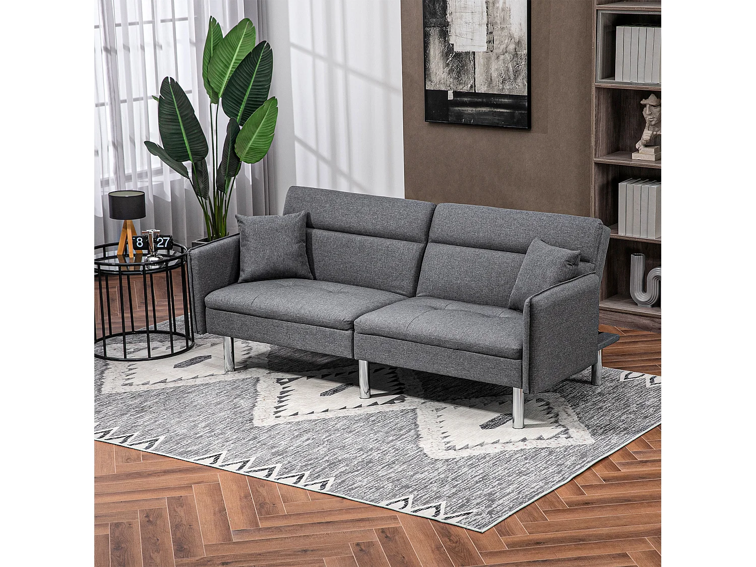 Canapé convertible 3 places design contemporain dossier inclinable piètement acier chromé tissu gris