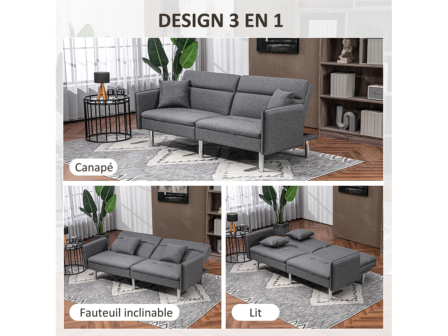 Canapé convertible 3 places design contemporain dossier inclinable piètement acier chromé tissu gris