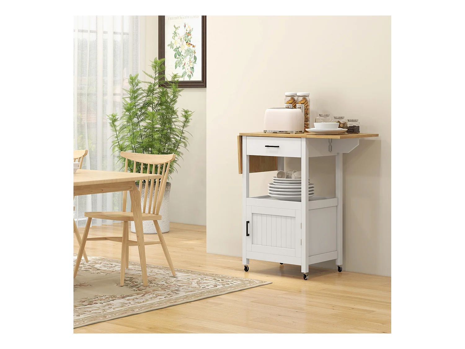Desserte de cuisine extensible sur roulettes - porte, niche, tiroir - rallonges bois hévéa verni MDF blanc