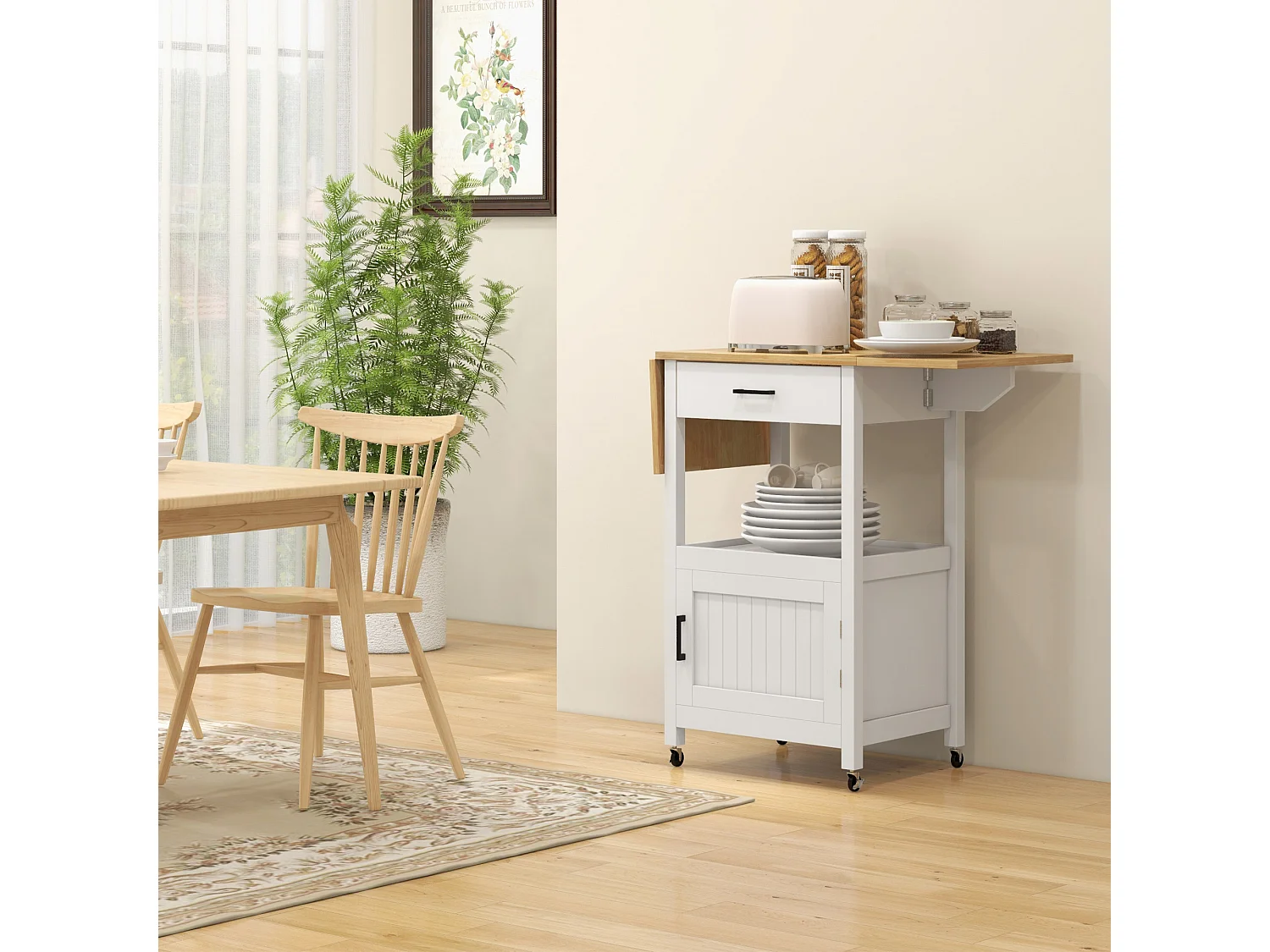 Desserte de cuisine extensible sur roulettes - porte, niche, tiroir - rallonges bois hévéa verni MDF blanc