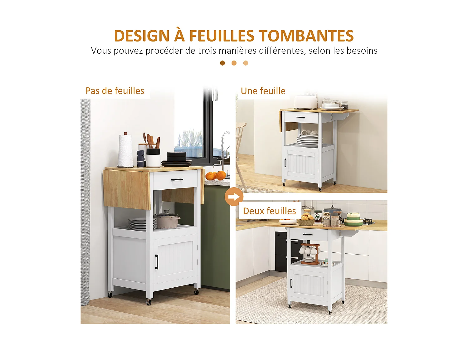 Desserte de cuisine extensible sur roulettes - porte, niche, tiroir - rallonges bois hévéa verni MDF blanc