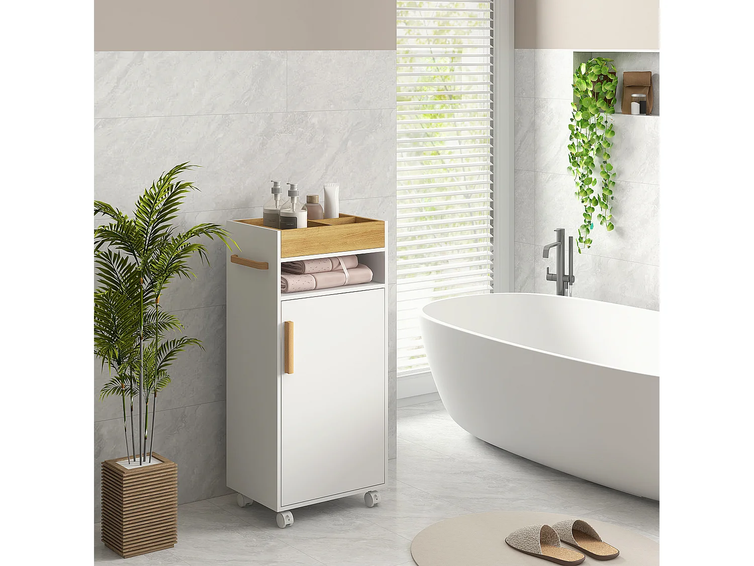 Meuble bas de salle de bain sur roulettes porte 2 étagères niche plateau amovible bois de hêtre verni blanc