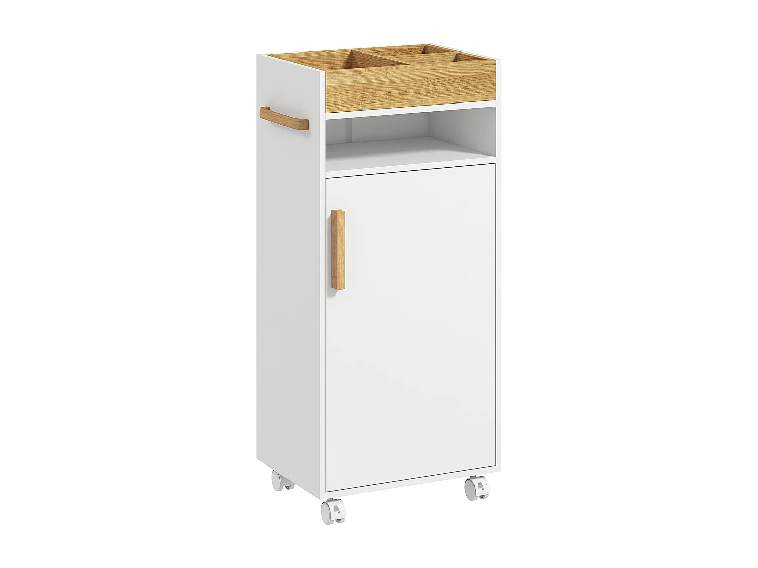 Meuble bas de salle de bain sur roulettes porte 2 étagères niche plateau amovible bois de hêtre verni blanc