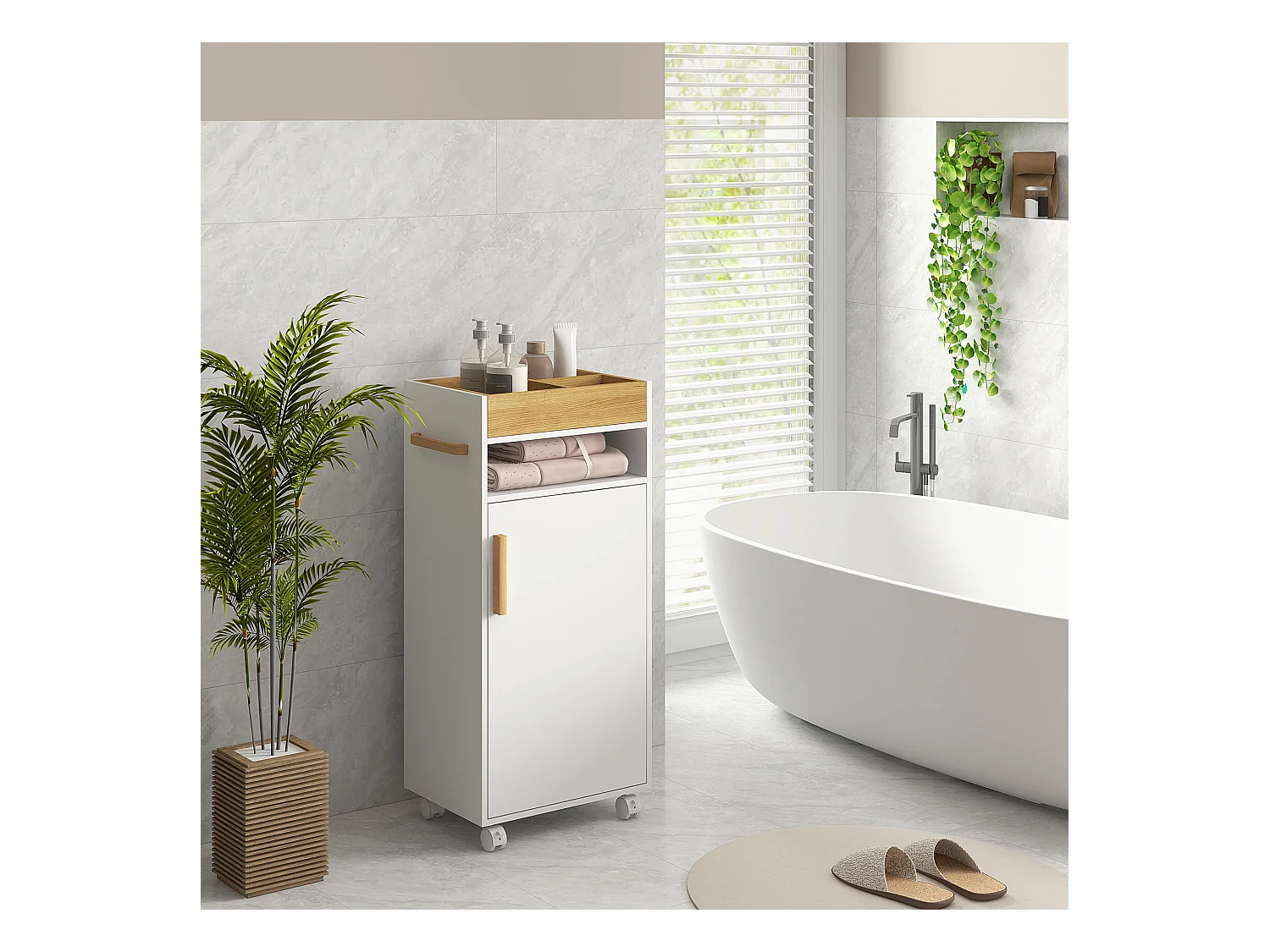 Meuble bas de salle de bain sur roulettes porte 2 étagères niche plateau amovible bois de hêtre verni blanc