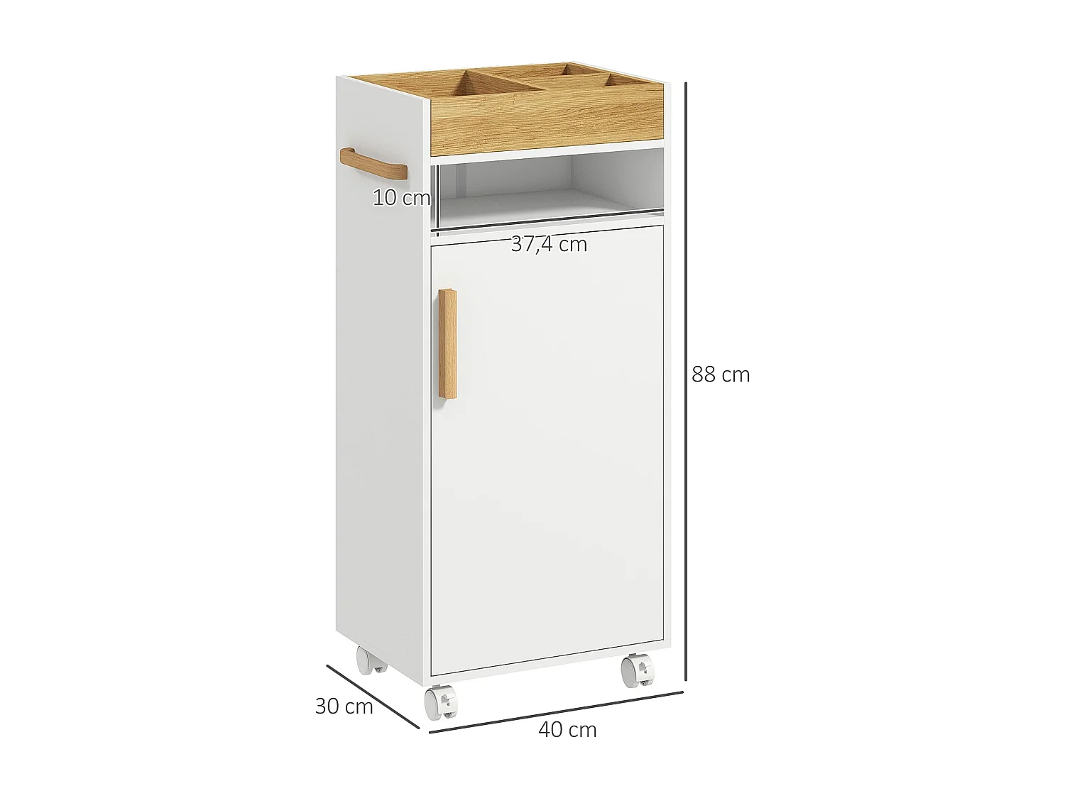 Meuble bas de salle de bain sur roulettes porte 2 étagères niche plateau amovible bois de hêtre verni blanc