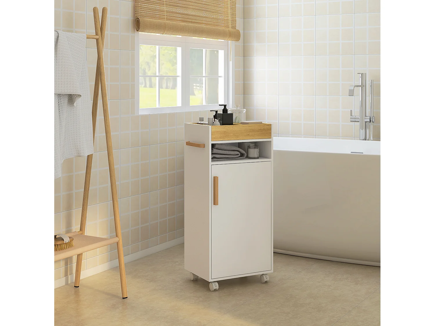 Meuble bas de salle de bain sur roulettes porte 2 étagères niche plateau amovible bois de hêtre verni blanc