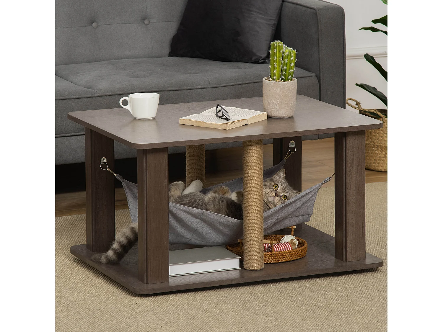 Table basse arbre à chat 2 en 1 - centre d'activités avec hamac, griffoirs - dim. 79L x 59l x 45,5H cm - polyester aspect bois gris