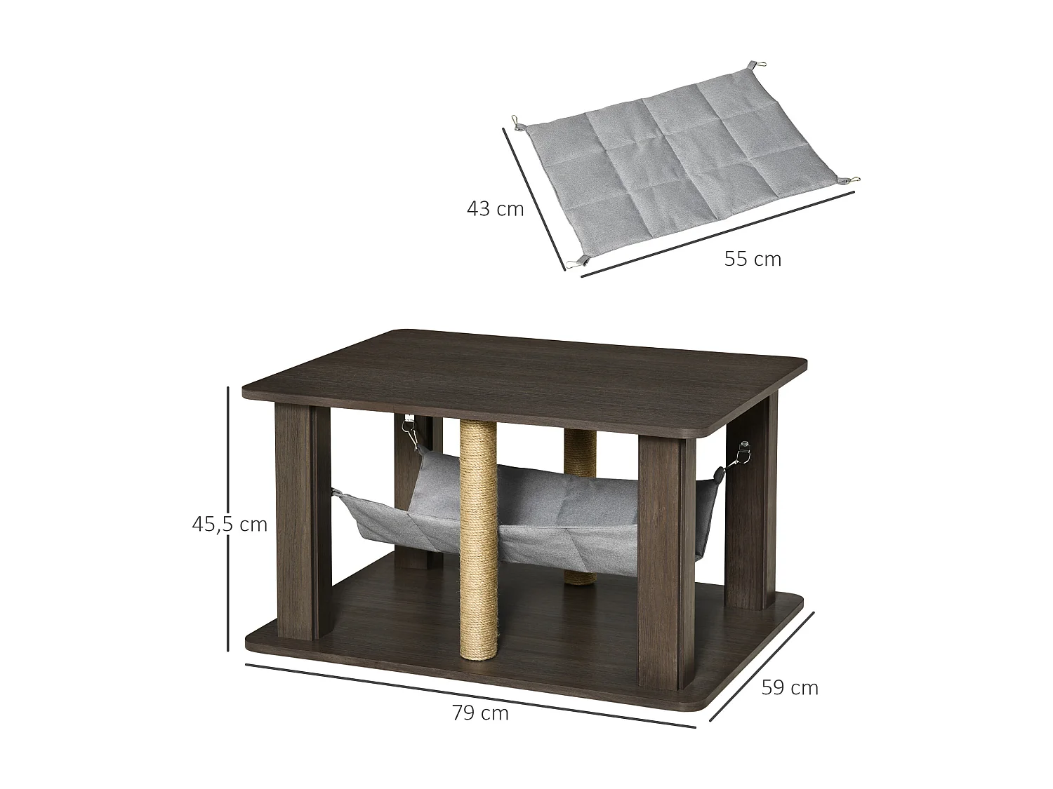 Table basse arbre à chat 2 en 1 - centre d'activités avec hamac, griffoirs - dim. 79L x 59l x 45,5H cm - polyester aspect bois gris