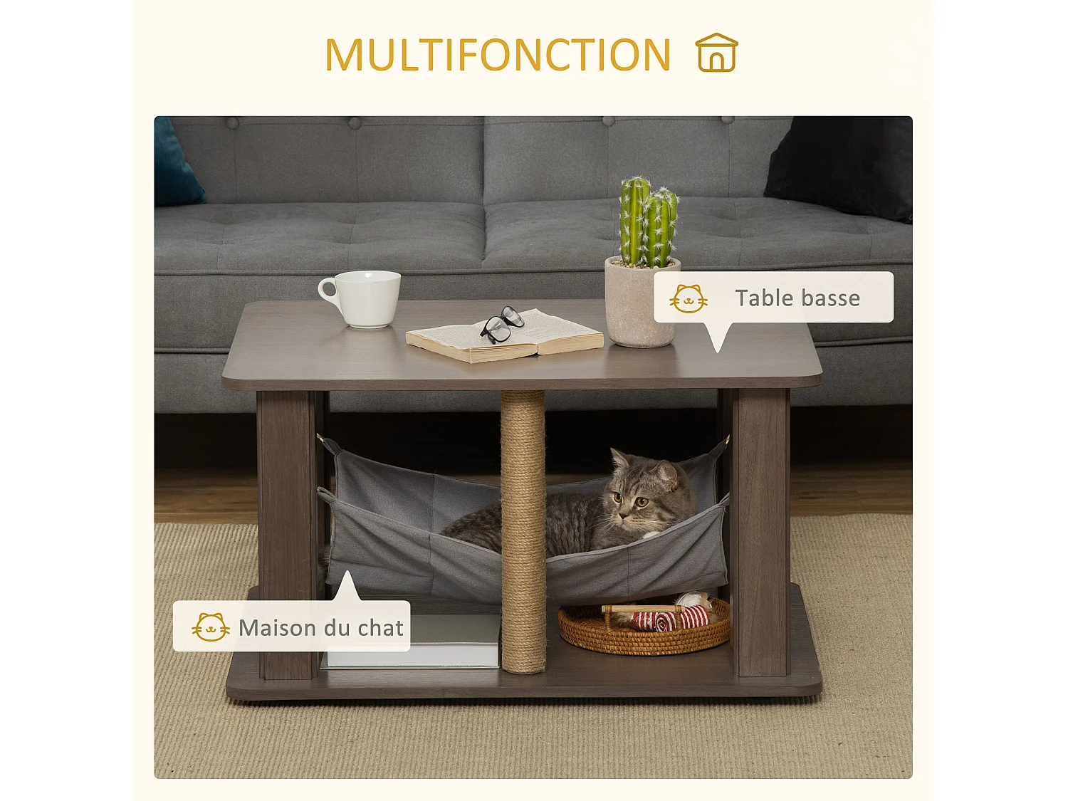 Table basse arbre à chat 2 en 1 - centre d'activités avec hamac, griffoirs - dim. 79L x 59l x 45,5H cm - polyester aspect bois gris