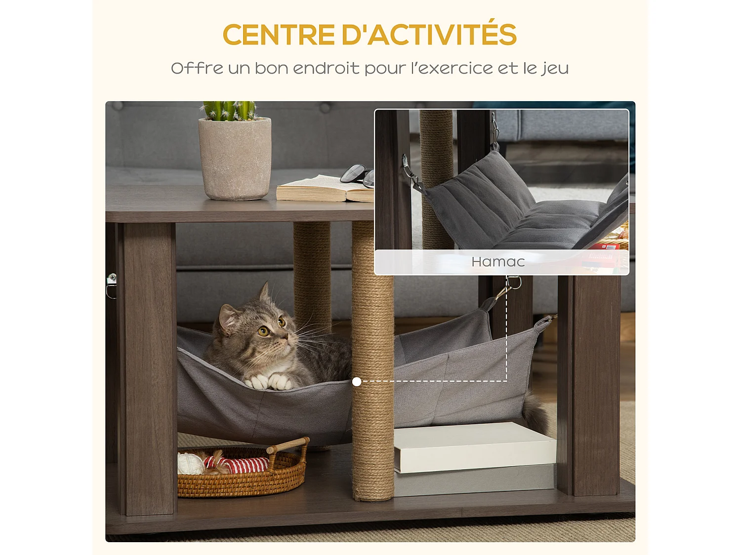 Table basse arbre à chat 2 en 1 - centre d'activités avec hamac, griffoirs - dim. 79L x 59l x 45,5H cm - polyester aspect bois gris